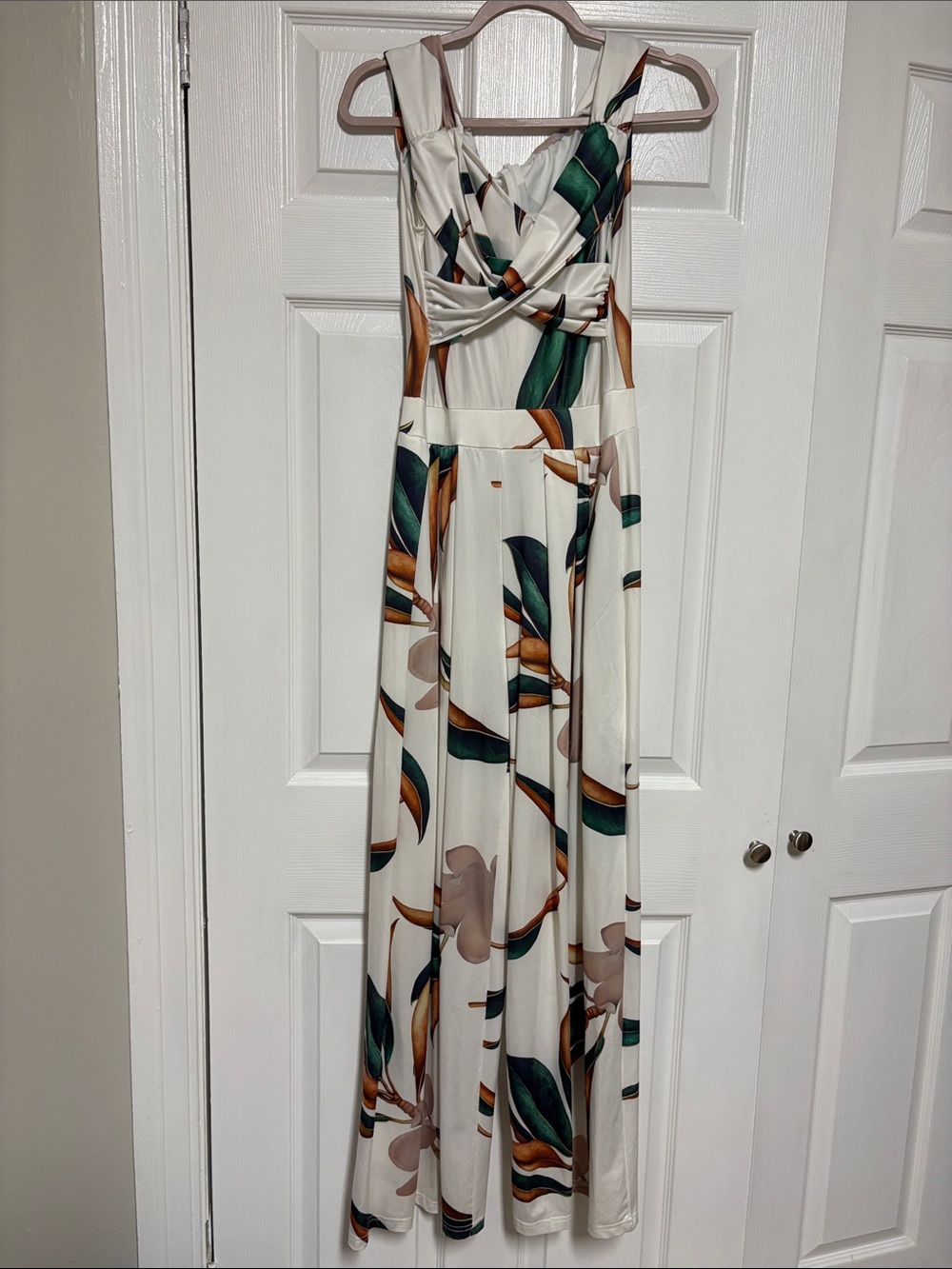 Sleeveless Wide Leg One Piece Zip Up with Green & Tan Leaf Print
